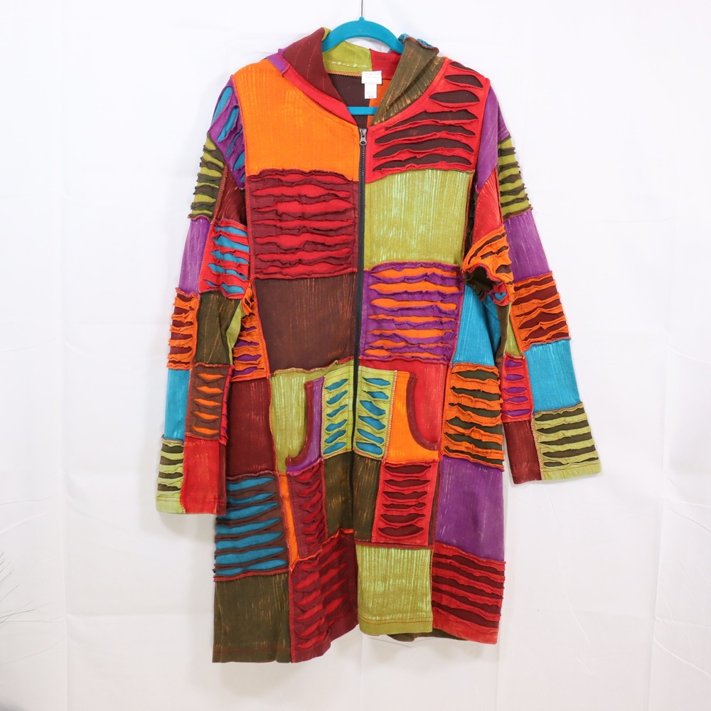 Greater Good Patchwork Long Hoodie 4XL Multicolor Womens‎ Boho Hippie Coat